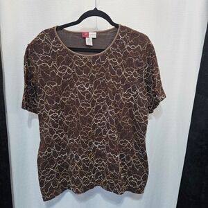 JM Collection Woman Brown Lace Overlay Knit Top Plus Size 2X Short Sleeve floral